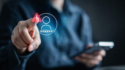 Person touching virtual login security alert icon, concept of suspicious activity, account protection, session monitoring, suspicious login review, and online data privacy. © Garun Studios