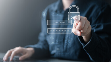 Man using laptop and touching virtual login interface with username, password, and 2FA authentication, concept of cyber security, account protection, identity verification, and online safety.