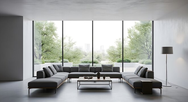 Fototapeta Modern Living Room with Panoramic Garden View.
