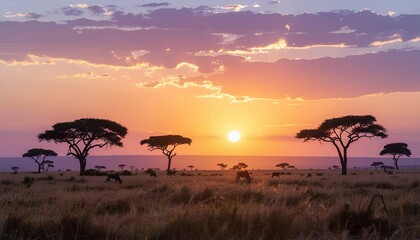 A sunset over a savanna with trees and animals