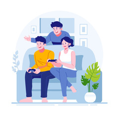 Friends Playing Video Games on a Blue Sofa with Decorative Plants in a Brightly Lit Transparent Background Digital Illustration for Friendship Day