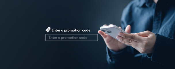 promo, code, discount, Close-up of person holding smartphone with digital promotion code entry interface, symbolizing e-commerce shopping, online discount, and marketing campaigns in modern retail.