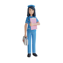 Full Shot of 3D Nurse with Stethoscope Holding Clipboard and First Aid Kit in Blue Uniform on Transparent Background