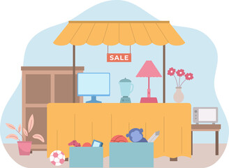 Garage Sale Setup with Display Table and Assorted Items on Transparent Background
