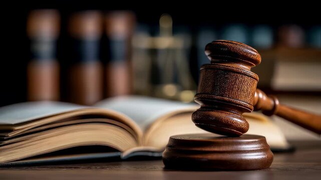 Wooden gavel and open law book on a courtroom desk with legal literature in the background