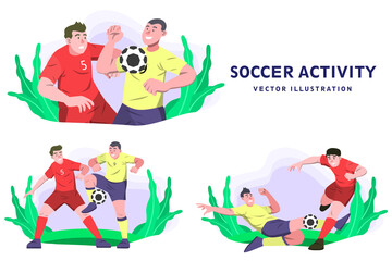 Fototapeta premium Soccer Players Competing for Ball with Greenery and Neutral Background in Digital Illustration Style Cartoon Style