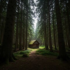 Cabin in Forest Clearing with Tall Trees and Hiking Trail