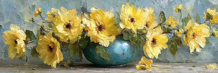 Beautiful yellow flowers in a turquoise vase, still life painting with floral elements and artistic texture
