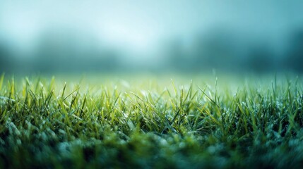 Blurred lush green grass field with cool daylight tone, fresh and clean atmosphere, soft blue-green color grading, dreamy blur effect, minimal composition with wide blank copy space for text.