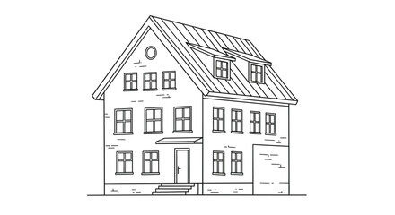 Artistic line drawing of a traditional european townhouse with detailed windows and a pitched roof showcasing architectural charm isolated on white background
