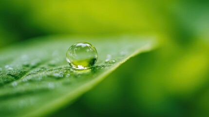 Blurred macro background of water droplet on green leaf, soft natural daylight, fresh and clean feeling, dreamy blur, minimal bright composition with wide blank copy space for text overlay.