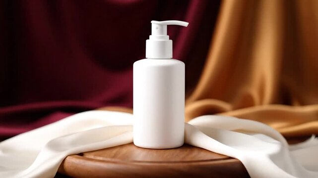 Luxury pump bottle mockup on fabric-wrapped board with silk background and cinematic dolly shot lighting
