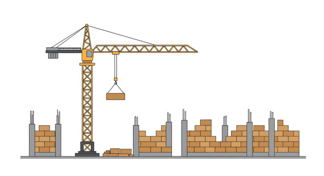 Construction crane lifting materials over building foundations and stacked cargo representing urban development and industrial progress concept isolated on white background