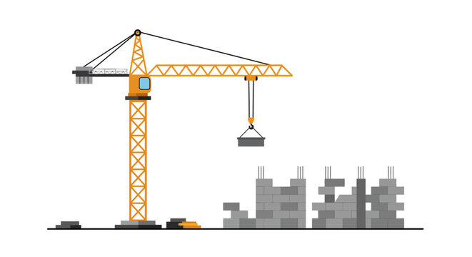 Yellow construction crane at building site with partial concrete structures creating a modern city skyline concept image isolated on white background