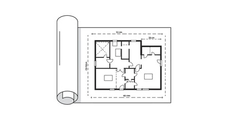 Architectural blueprint unrolled showing floor plan design project development construction engineering building plans isolated on white background