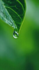 Blurred macro background of water droplet on green leaf, soft natural daylight, fresh and clean feeling, dreamy blur, minimal bright composition with wide blank copy space for text overlay.