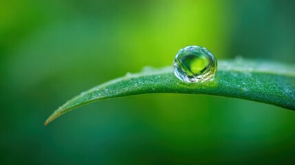 Blurred macro background of water droplet on green leaf, soft natural daylight, fresh and clean feeling, dreamy blur, minimal bright composition with wide blank copy space for text overlay.