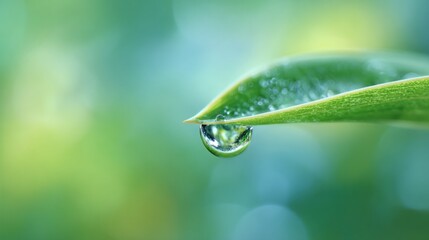 Blurred macro background of water droplet on green leaf, soft natural daylight, fresh and clean feeling, dreamy blur, minimal bright composition with wide blank copy space for text overlay.