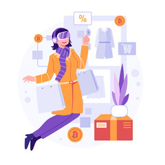 Woman in VR Headset Shopping on Metaverse with Digital Display of Clothes, Bitcoin, and Shopping Cart, Against White Background