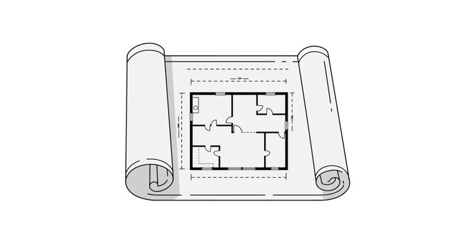 Architectural blueprint rolled scroll detailed floor plan drawing sketch house design project construction planning engineering document isolated on white background