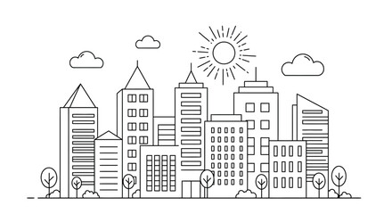 Obraz premium Hand drawn sketch of a vibrant cityscape featuring tall buildings trees clouds and a bright sun illustrating urban life and modern architecture isolated on white background