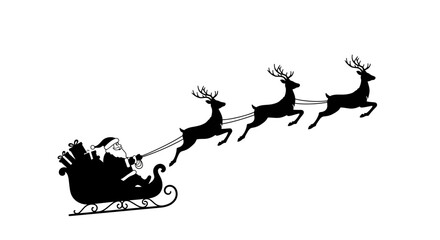 Silhouette of santa claus in sleigh pulled by reindeer flying through sky for christmas holiday season celebration isolated on white background