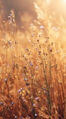 Obraz premium Blurred meadow with tall golden grass and wildflowers, glowing sunlight reflections, warm and dreamy atmosphere, natural soft bokeh blur, minimal composition with wide blank copy space for text.