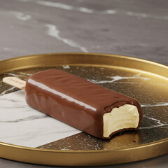 A luxurious chocolate-coated ice cream bar with a glossy texture, half bitten to reveal creamy vanilla inside