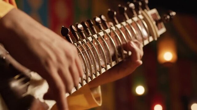 Close-up of hands playing a sitar, an Indian stringed instrument.