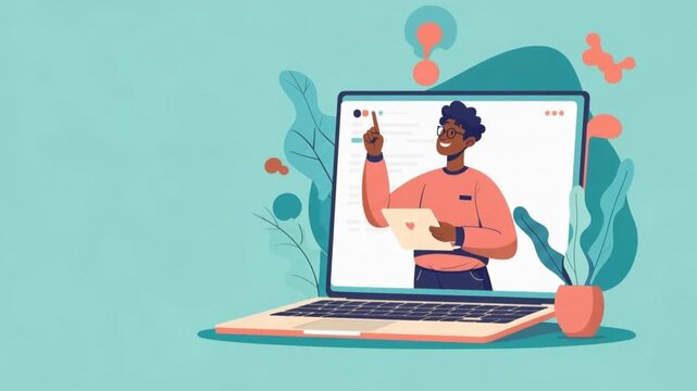 Online education illustration featuring a man teaching through a laptop screen design