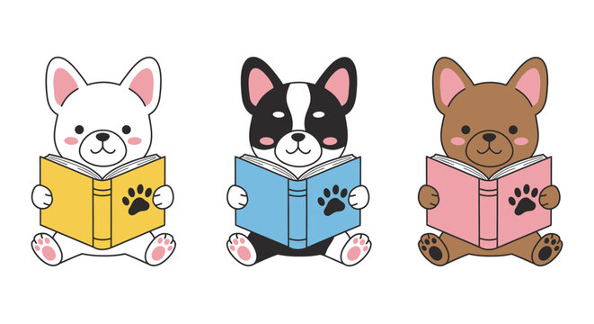 Adorable french bulldog and chihuahua pups delight in reading colorful books learning wisdom and joyful knowledge for a happy lifestyle isolated on white background