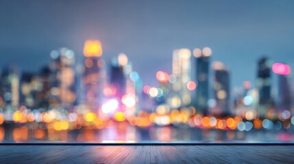 Blurred modern city skyline background, futuristic skyscrapers, rooftop pool in soft focus, neon lights glowing, dreamy urban blur effect, wide blank copy space for text overlay, stylish travel.