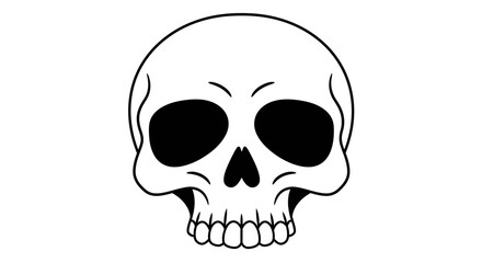 Classic human skull front view artistic outline drawing with empty eye sockets and teeth for halloween and spooky themes isolated on white background