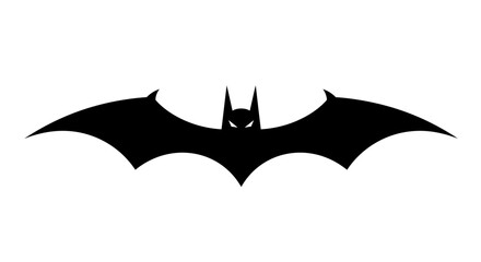 Iconic black bat silhouette emblem symbol flying across with wings spread open facing forward isolated on white background