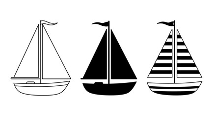 Set of three stylized sailboats with flags nautical maritime travel adventure marine ocean sea water transportation simple outline filled patterned isolated on white background