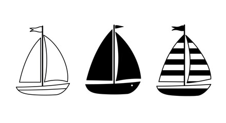 Three hand drawn sailing boats with different sail patterns representing maritime travel and nautical adventures on a white surface isolated on white background