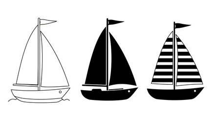 Three distinct sailboats depicted in varied artistic styles from sketchy outline to solid silhouette and striped pattern for nautical themes isolated on white background