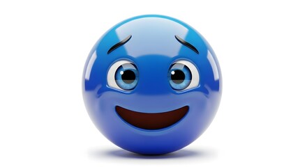 Fototapeta premium A happy blue emoji isolated on white background with upturned mouth and eyebrows