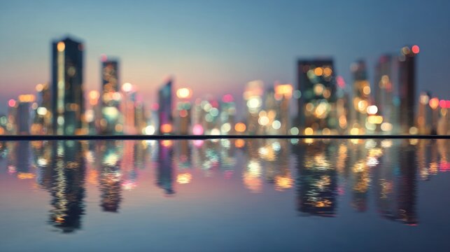 Blurred modern city skyline background, futuristic skyscrapers, rooftop pool in soft focus, neon lights glowing, dreamy urban blur effect, wide blank copy space for text overlay, stylish travel. - Powered by Adobe