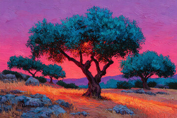 Vibrant sunset painting depicting trees bathed in golden light and a purple sky
