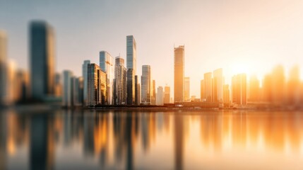 Fototapeta premium Blurred modern financial district skyline background, tall glass skyscrapers, golden sunset glow reflecting, dreamy haze effect, smooth blur, large blank copy space for promotional text, professional.