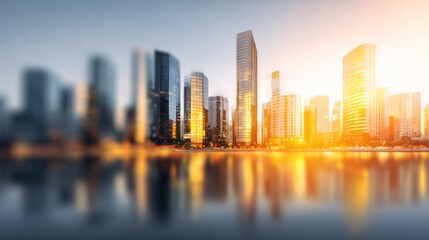 Fototapeta premium Blurred modern financial district skyline background, tall glass skyscrapers, golden sunset glow reflecting, dreamy haze effect, smooth blur, large blank copy space for promotional text, professional.