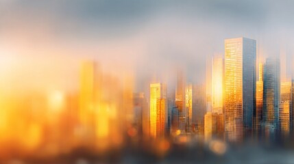 Fototapeta premium Blurred modern financial district skyline background, tall glass skyscrapers, golden sunset glow reflecting, dreamy haze effect, smooth blur, large blank copy space for promotional text, professional.
