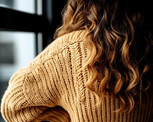 trending cozy winter fashion - Cozy Autumn Knit Sweater with Wavy Hair by a Window cozy lifestyle aesthetic photography