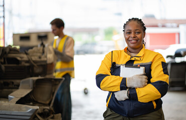 Portrait African American technician or engineer with Caucasian technician and auto part background