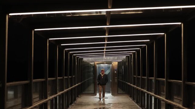 Stockholm, Sweden A man walks on a public elevated platform to an elevator on a rainy night in the Kvarnholmen district. 