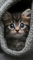 Adorable kitten peeking out from a cozy blanket, soft fur and curious eyes, warm indoor setting, perfect for pet, animal, and cute content.