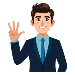 Professional man in a suit showing three fingers, indicating a count, option, or specific piece of information.