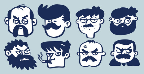 Cartoon Men Faces Vector Set – Angry Moustache & Beard Characters, Doodle Avatars/Icons
