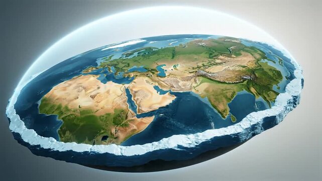 Flat Earth model with continents, ice wall, and dome over it.